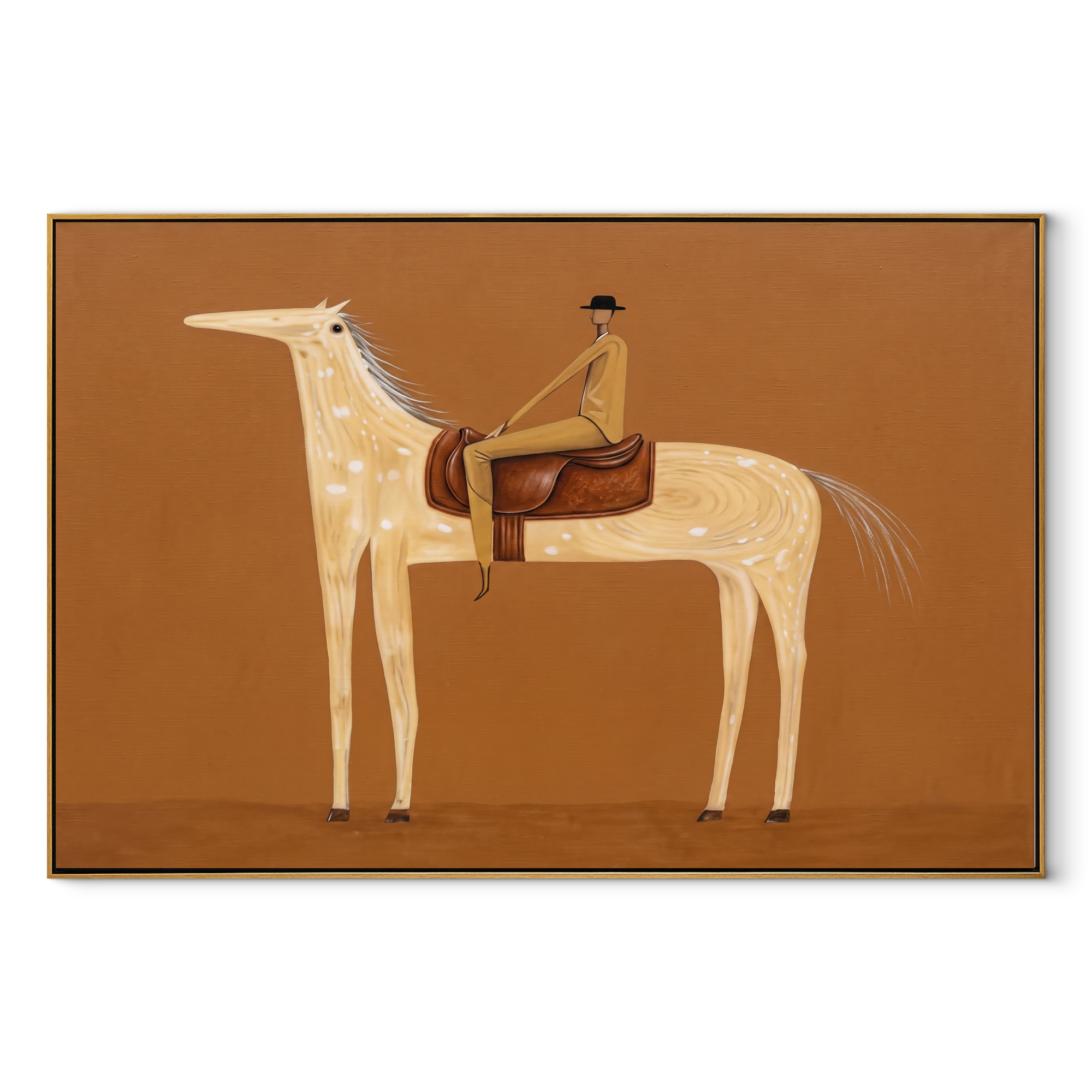 Pale Dapples Cross Ochre - spotted horse rider painting by Isabelle Laurent, modern Western horizontal wall art – wood frame on white background