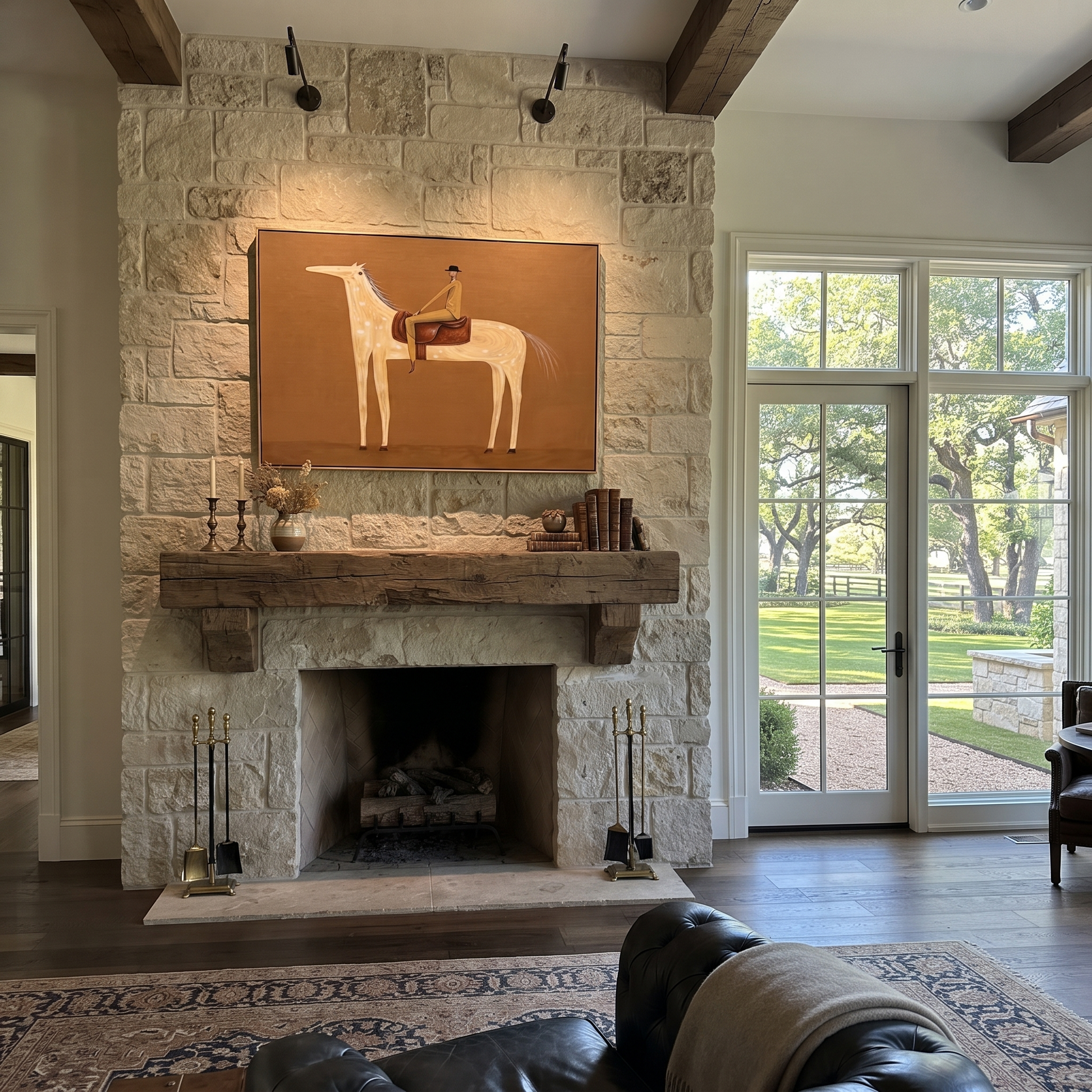 Pale Dapples Cross Ochre - spotted horse rider painting by Isabelle Laurent, modern Western horizontal wall art – styled room scene view 2