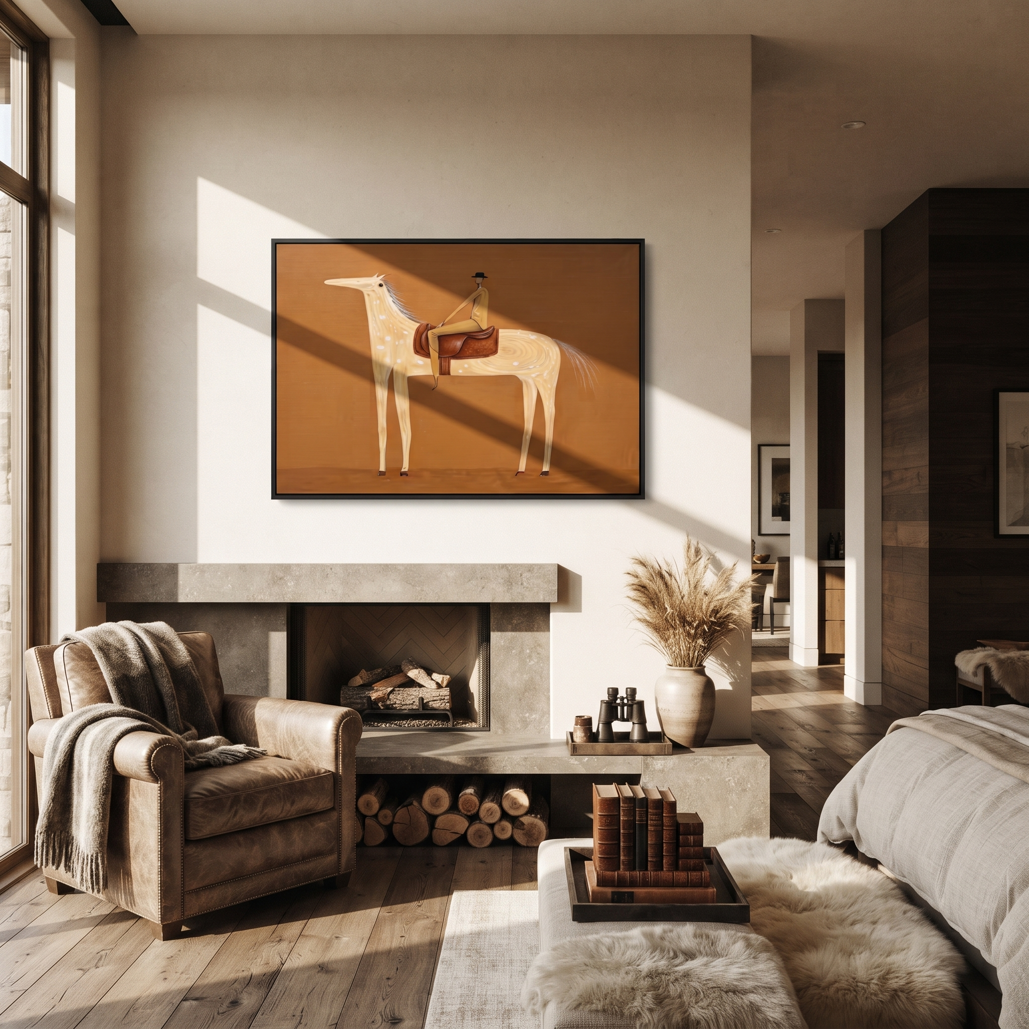 Pale Dapples Cross Ochre - spotted horse rider painting by Isabelle Laurent, modern Western horizontal wall art – styled room scene view 4