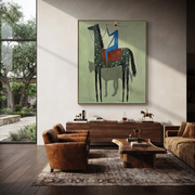 Blue Rider Climbs Mint - spotted black horse painting by Isabelle Laurent, modern Western vertical wall art – styled room scene view 1