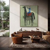Blue Rider Climbs Mint - spotted black horse painting by Isabelle Laurent, modern Western vertical wall art – styled room scene view 1