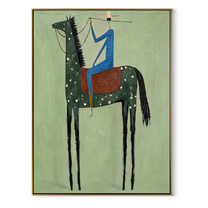 Blue Rider Climbs Mint - spotted black horse painting by Isabelle Laurent, modern Western vertical wall art – wood frame on white background