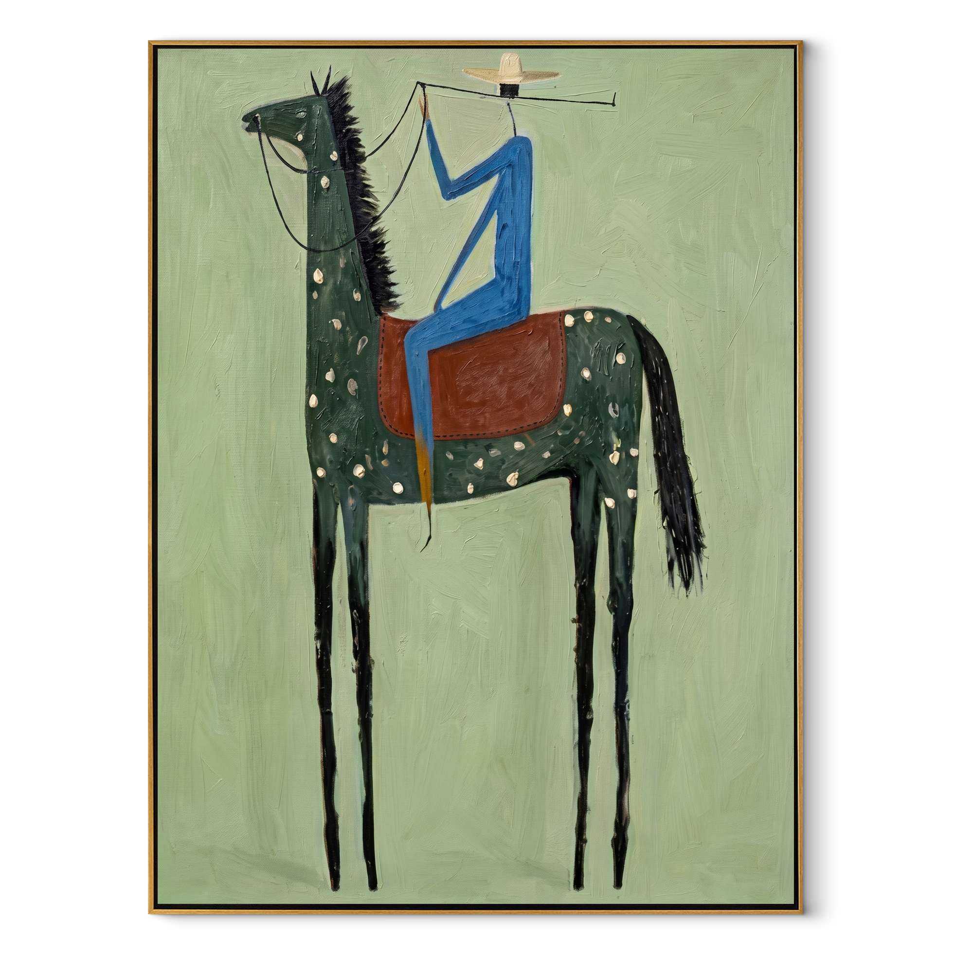 Blue Rider Climbs Mint - spotted black horse painting by Isabelle Laurent, modern Western vertical wall art – wood frame on white background