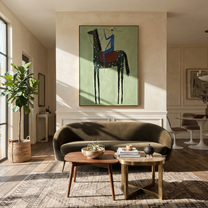Blue Rider Climbs Mint - spotted black horse painting by Isabelle Laurent, modern Western vertical wall art – styled room scene view 2