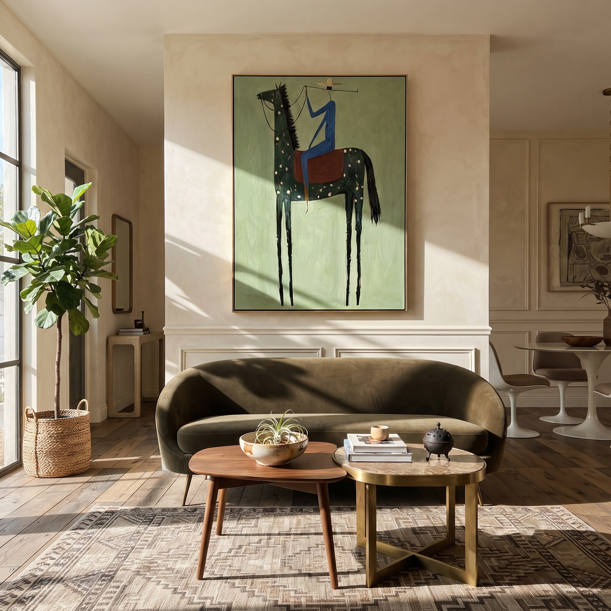 Blue Rider Climbs Mint - spotted black horse painting by Isabelle Laurent, modern Western vertical wall art – styled room scene view 2