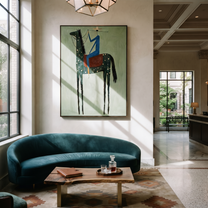 Blue Rider Climbs Mint - spotted black horse painting by Isabelle Laurent, modern Western vertical wall art – styled room scene view 3