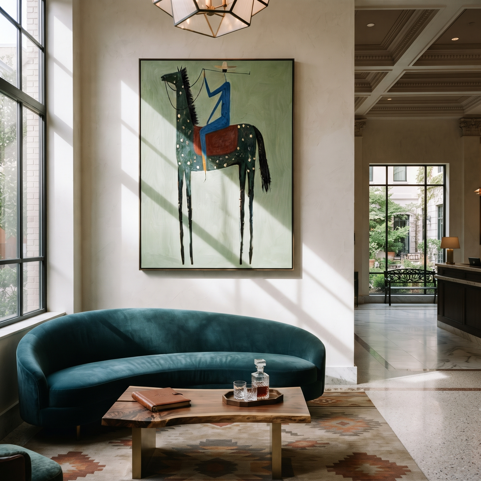Blue Rider Climbs Mint - spotted black horse painting by Isabelle Laurent, modern Western vertical wall art – styled room scene view 3