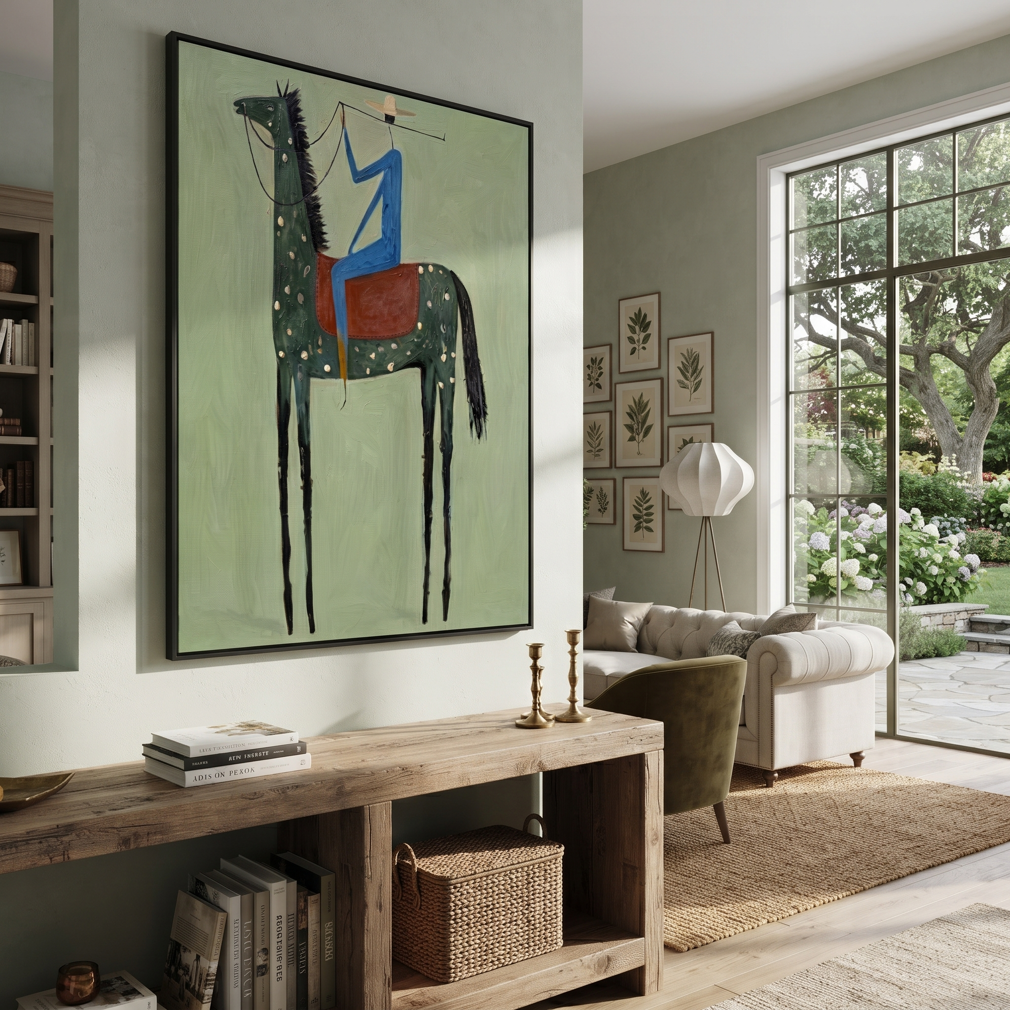 Blue Rider Climbs Mint - spotted black horse painting by Isabelle Laurent, modern Western vertical wall art – styled room scene view 4