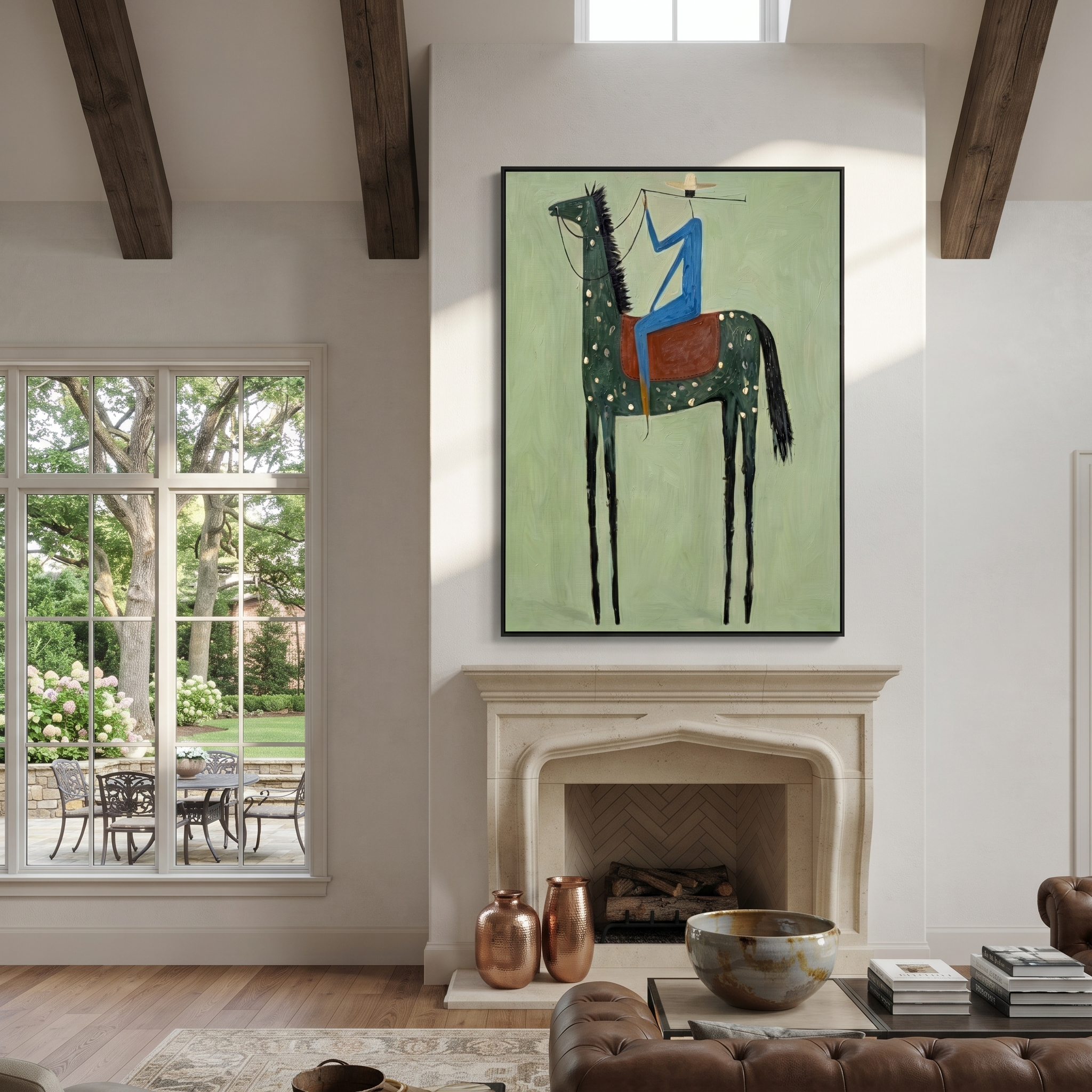 Blue Rider Climbs Mint - spotted black horse painting by Isabelle Laurent, modern Western vertical wall art – styled room scene view 5