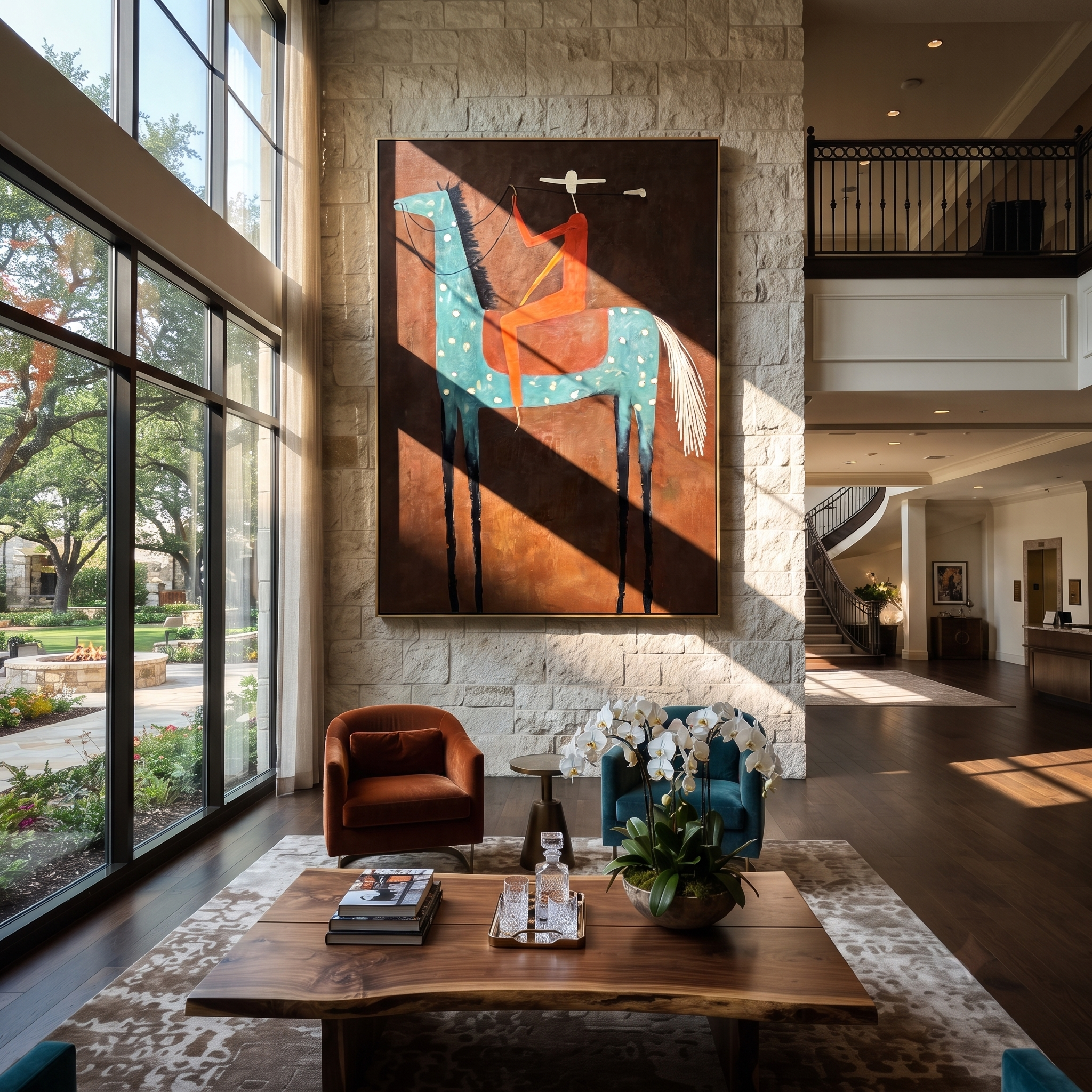 Red Rider Towers Umber - spotted blue horse painting by Isabelle Laurent, modern Western vertical wall art – styled room scene view 1