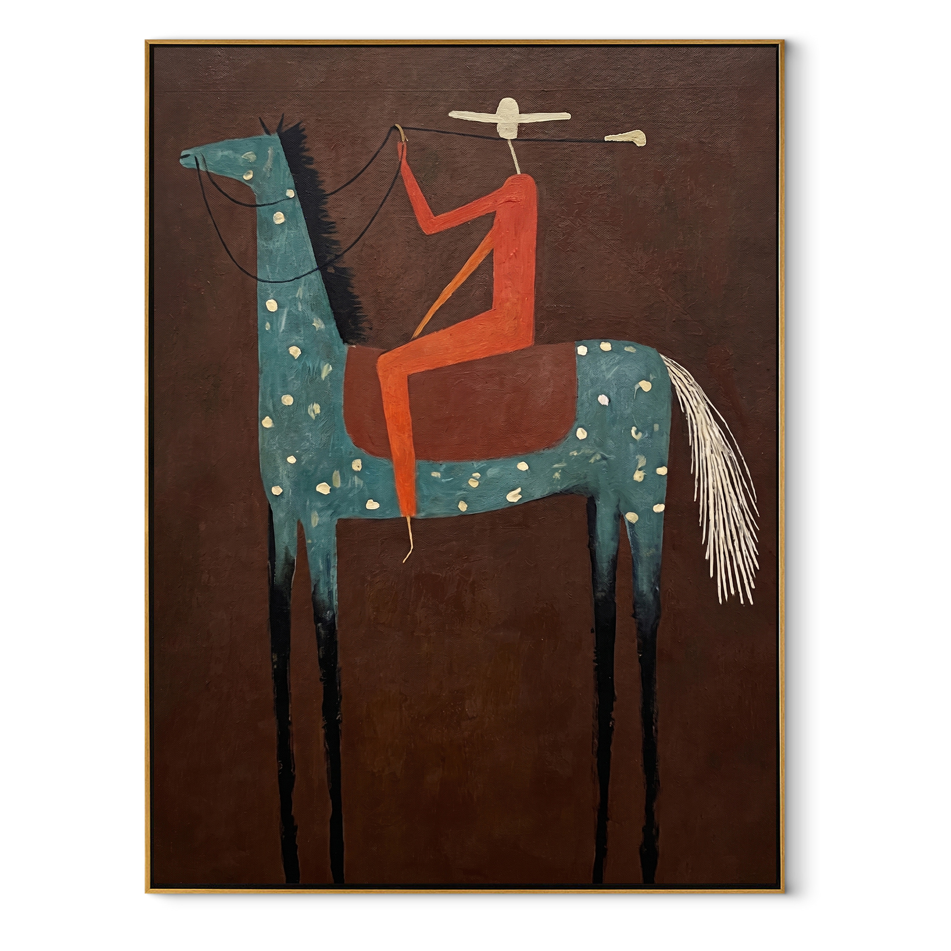Red Rider Towers Umber - spotted blue horse painting by Isabelle Laurent, modern Western vertical wall art – wood frame on white background