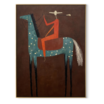 Red Rider Towers Umber - spotted blue horse painting by Isabelle Laurent, modern Western vertical wall art – wood frame on white background