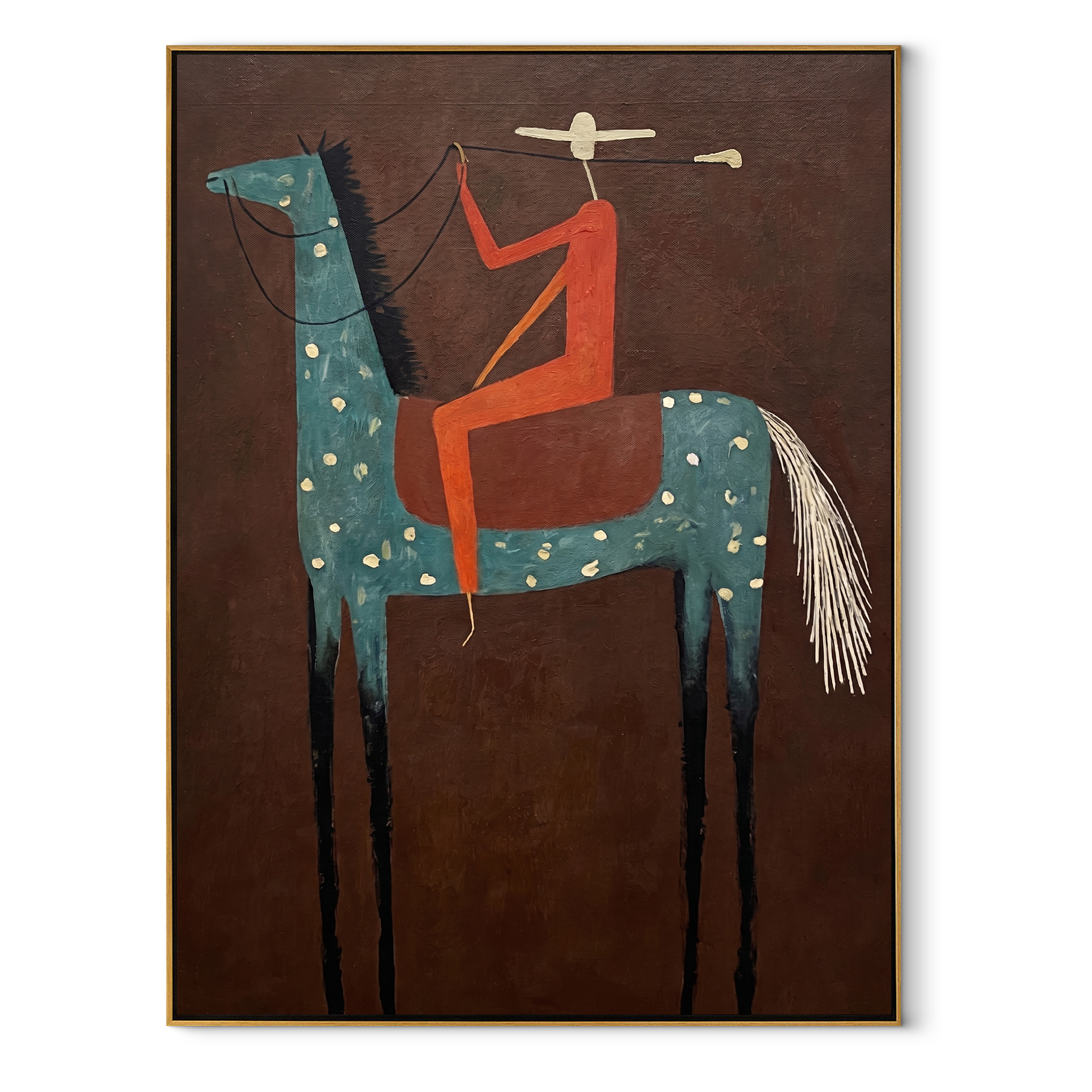 Red Rider Towers Umber - spotted blue horse painting by Isabelle Laurent, modern Western vertical wall art – wood frame on white background