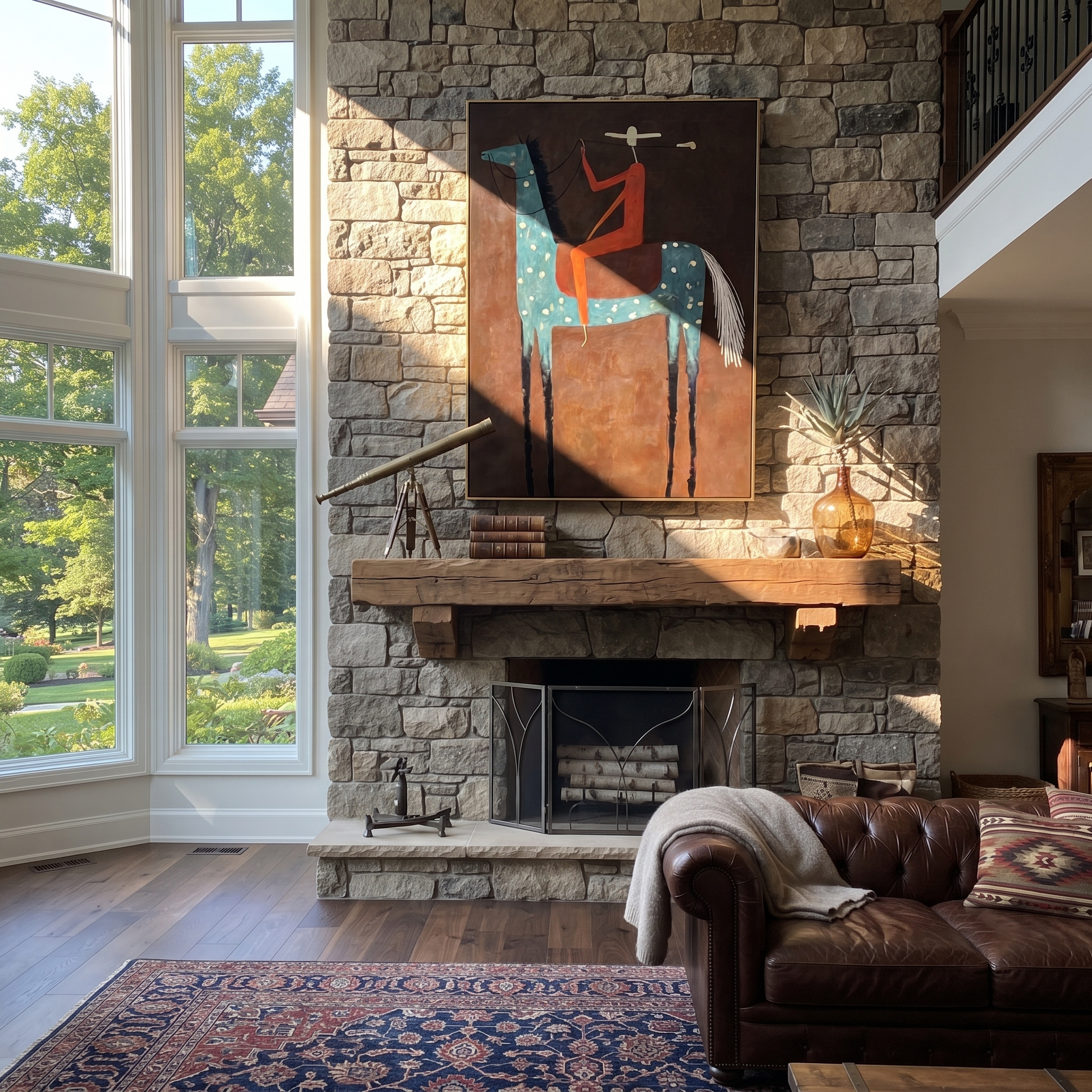 Red Rider Towers Umber - spotted blue horse painting by Isabelle Laurent, modern Western vertical wall art – styled room scene view 3