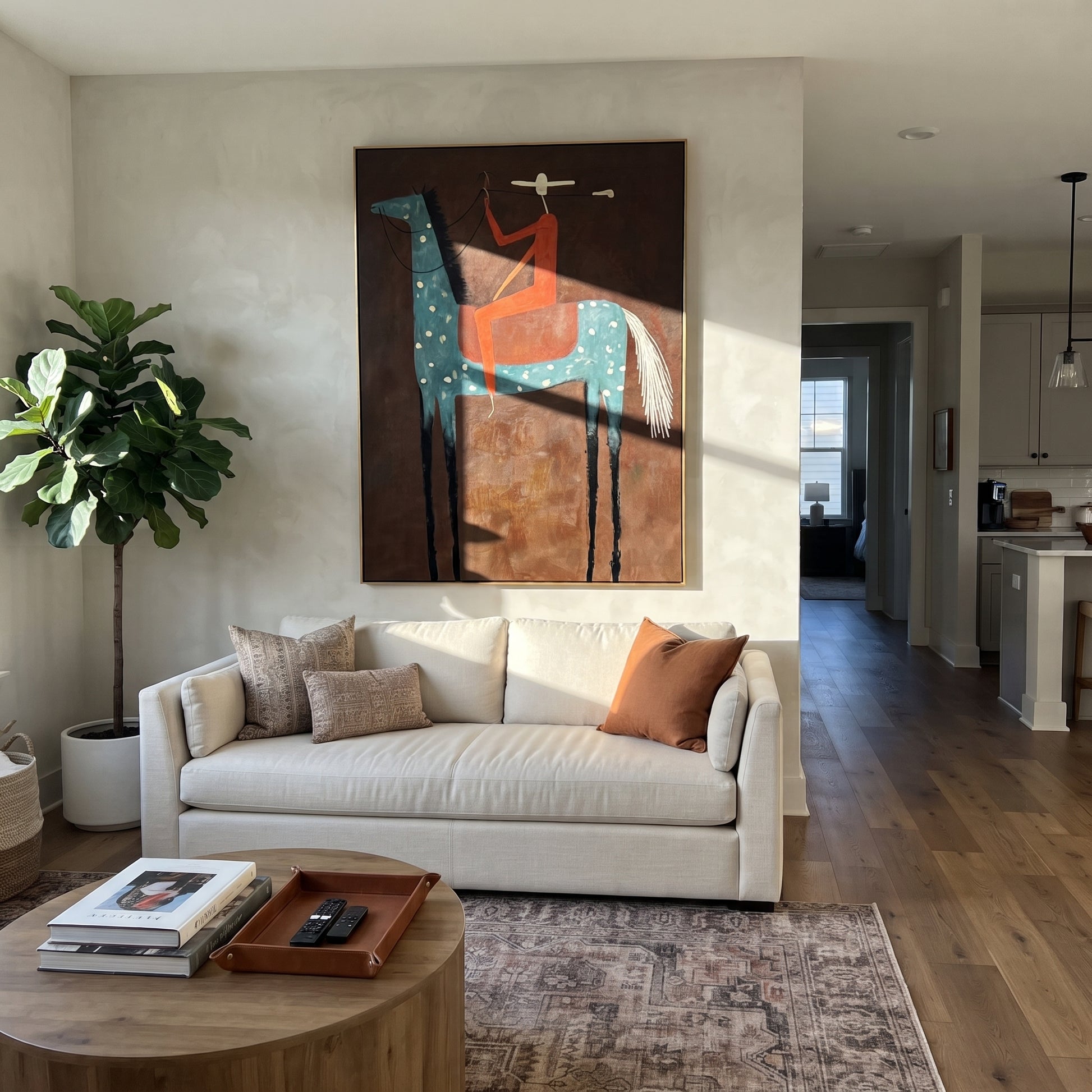 Red Rider Towers Umber - spotted blue horse painting by Isabelle Laurent, modern Western vertical wall art – styled room scene view 4