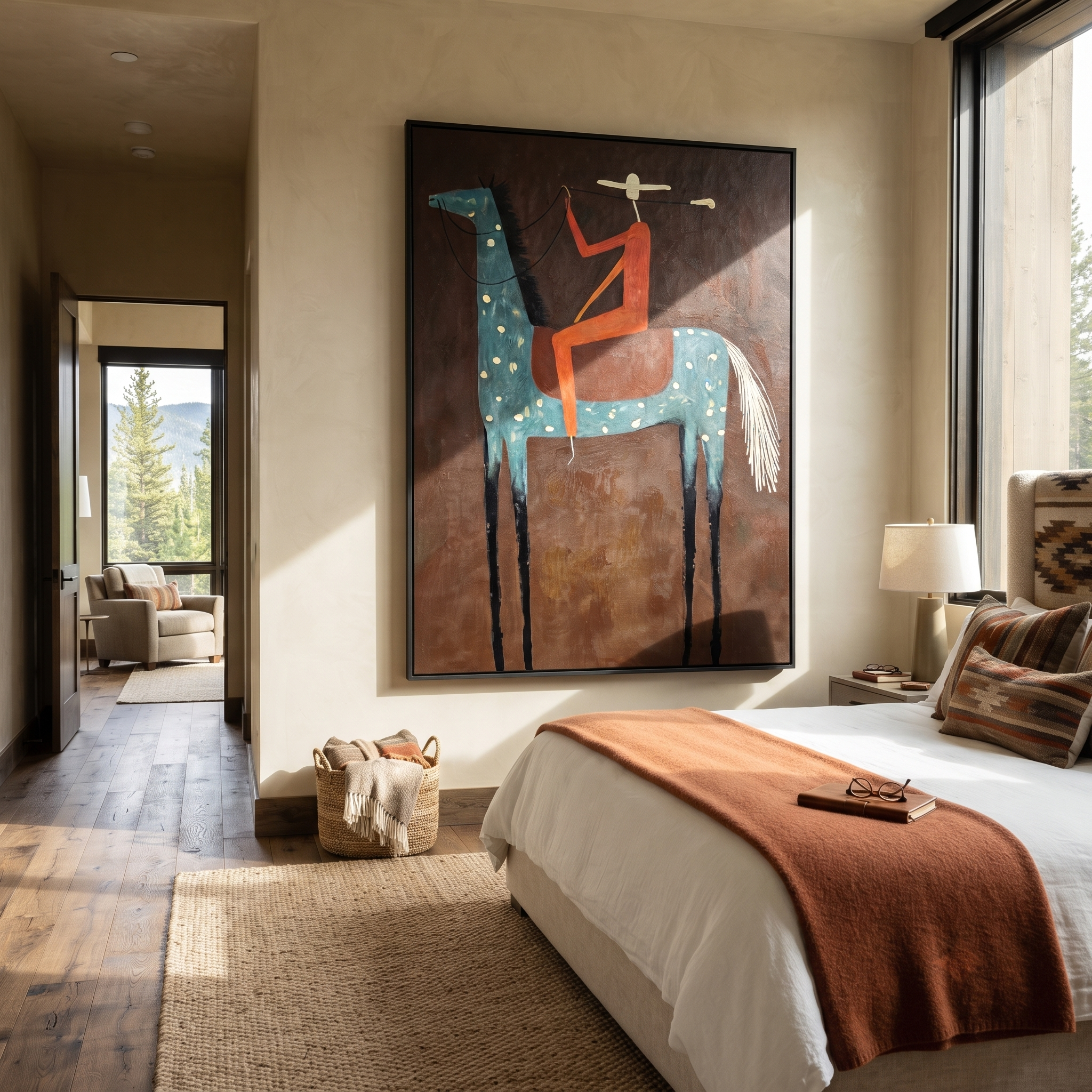 Red Rider Towers Umber - spotted blue horse painting by Isabelle Laurent, modern Western vertical wall art – styled room scene view 5