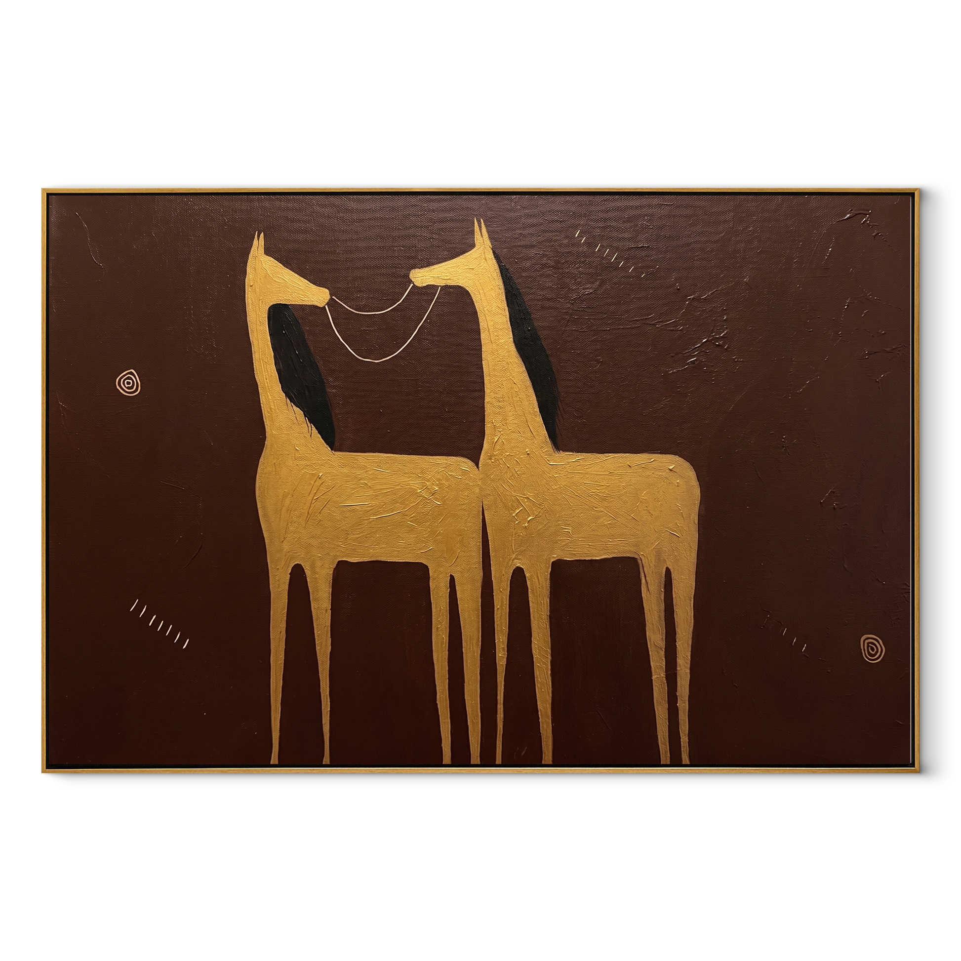 Golden Horses Share Breath - two gold horse painting by Isabelle Laurent, modern Western horizontal wall art – wood frame on white background