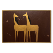 Golden Horses Share Breath - two gold horse painting by Isabelle Laurent, modern Western horizontal wall art – wood frame on white background