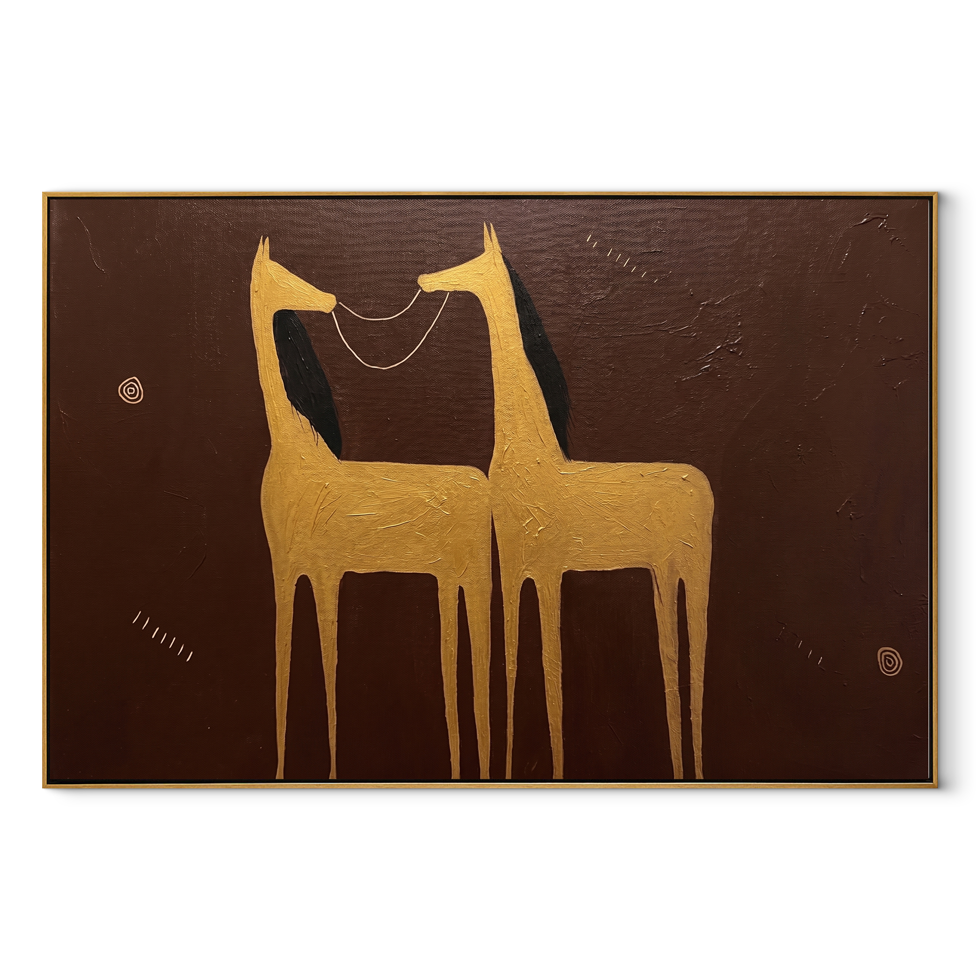 Golden Horses Share Breath - two gold horse painting by Isabelle Laurent, modern Western horizontal wall art – wood frame on white background