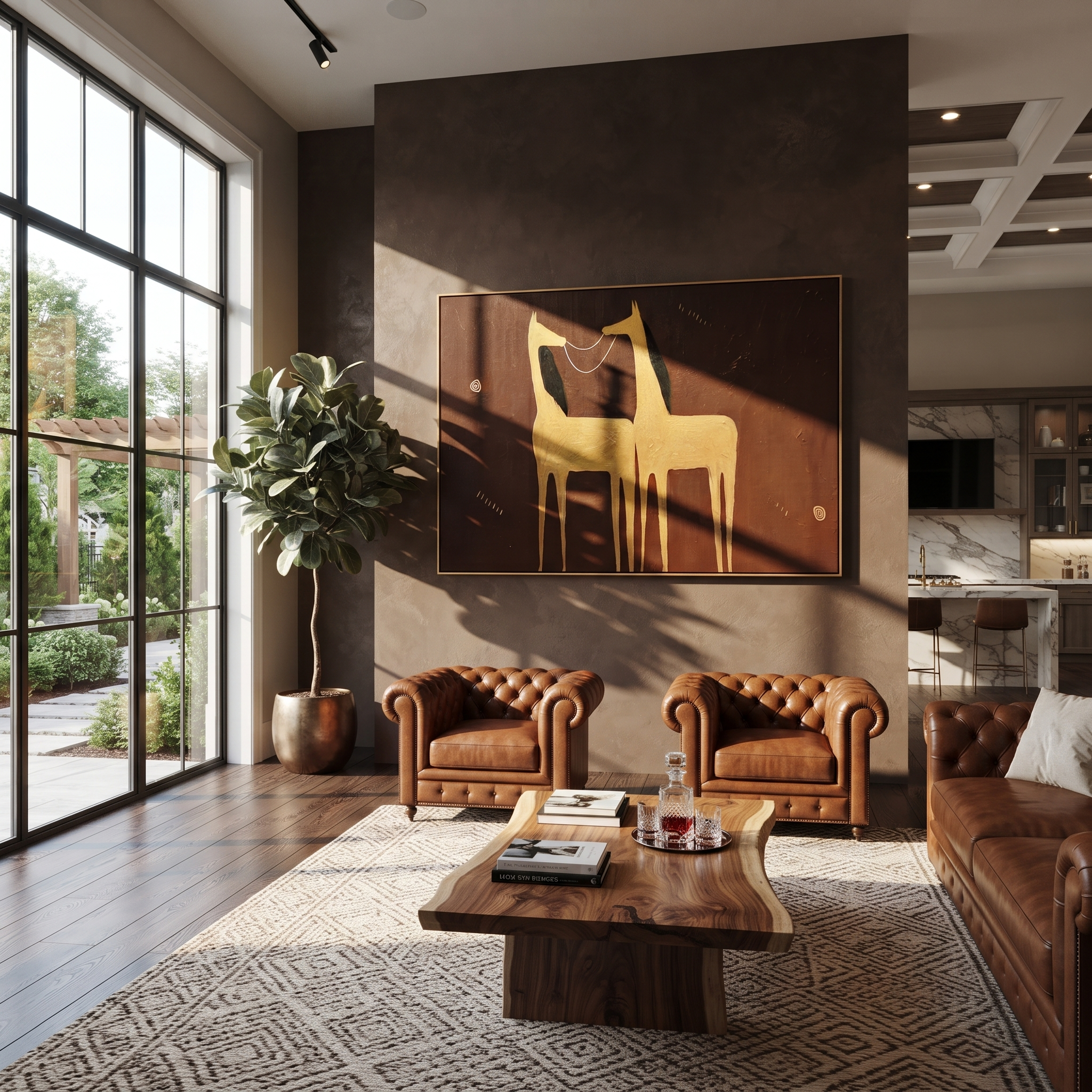 Golden Horses Share Breath - two gold horse painting by Isabelle Laurent, modern Western horizontal wall art – styled room scene view 2