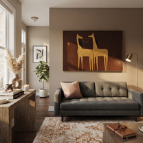 Golden Horses Share Breath - two gold horse painting by Isabelle Laurent, modern Western horizontal wall art – styled room scene view 3