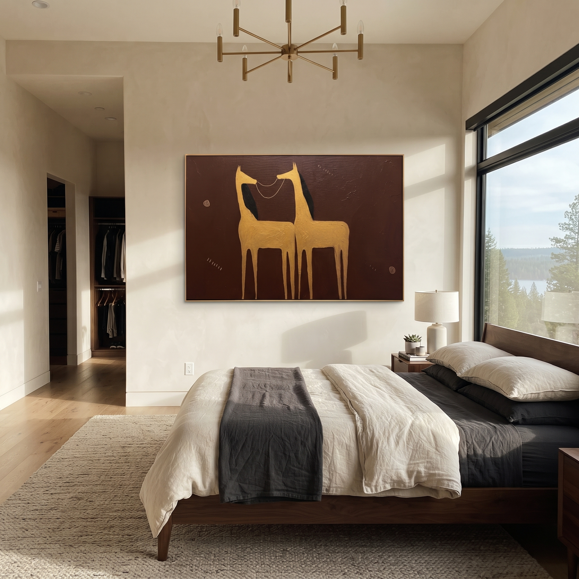 Golden Horses Share Breath - two gold horse painting by Isabelle Laurent, modern Western horizontal wall art – styled room scene view 4