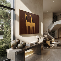 Golden Horses Share Breath - two gold horse painting by Isabelle Laurent, modern Western horizontal wall art – styled room scene view 5