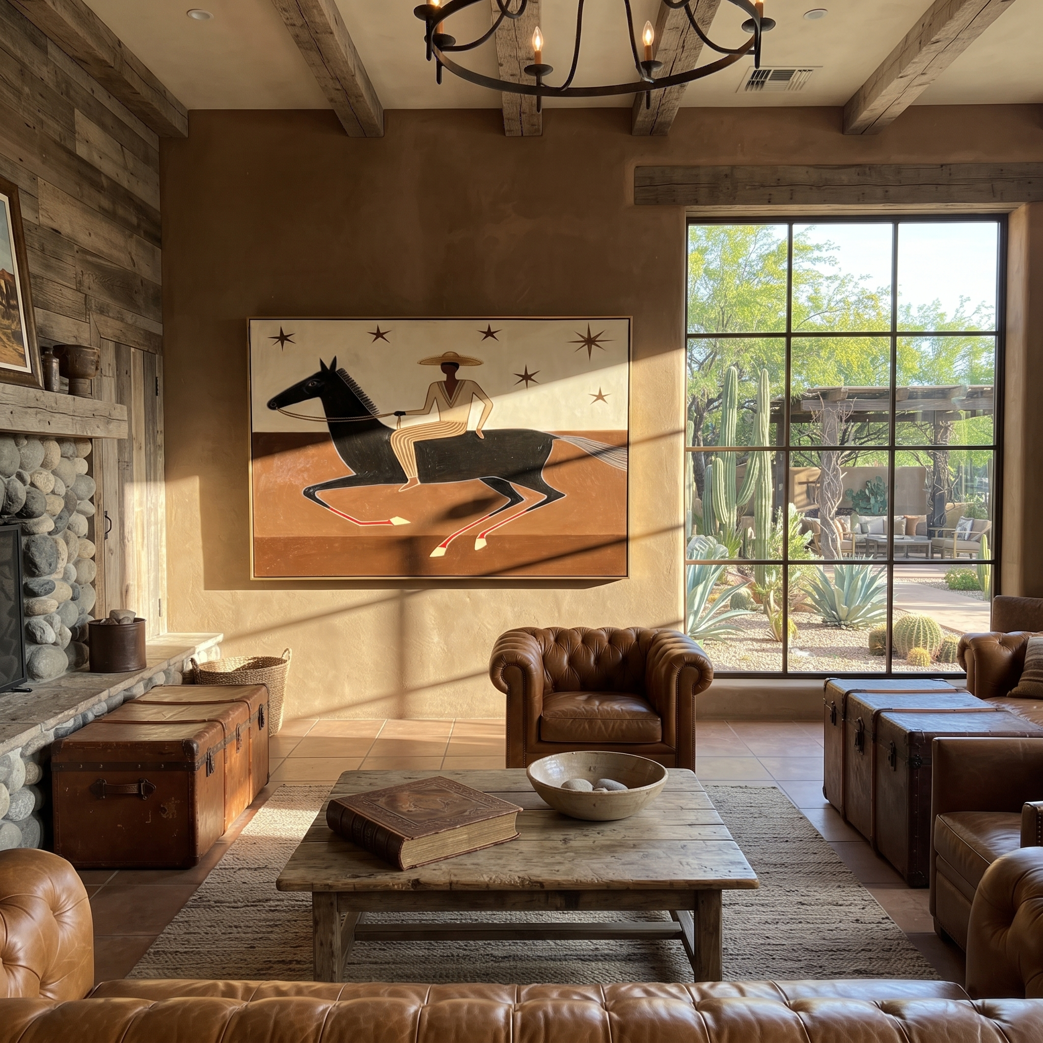 Striped Rider Runs Stars - black horse rider painting by Isabelle Laurent, modern Western horizontal wall art – styled room scene view 1