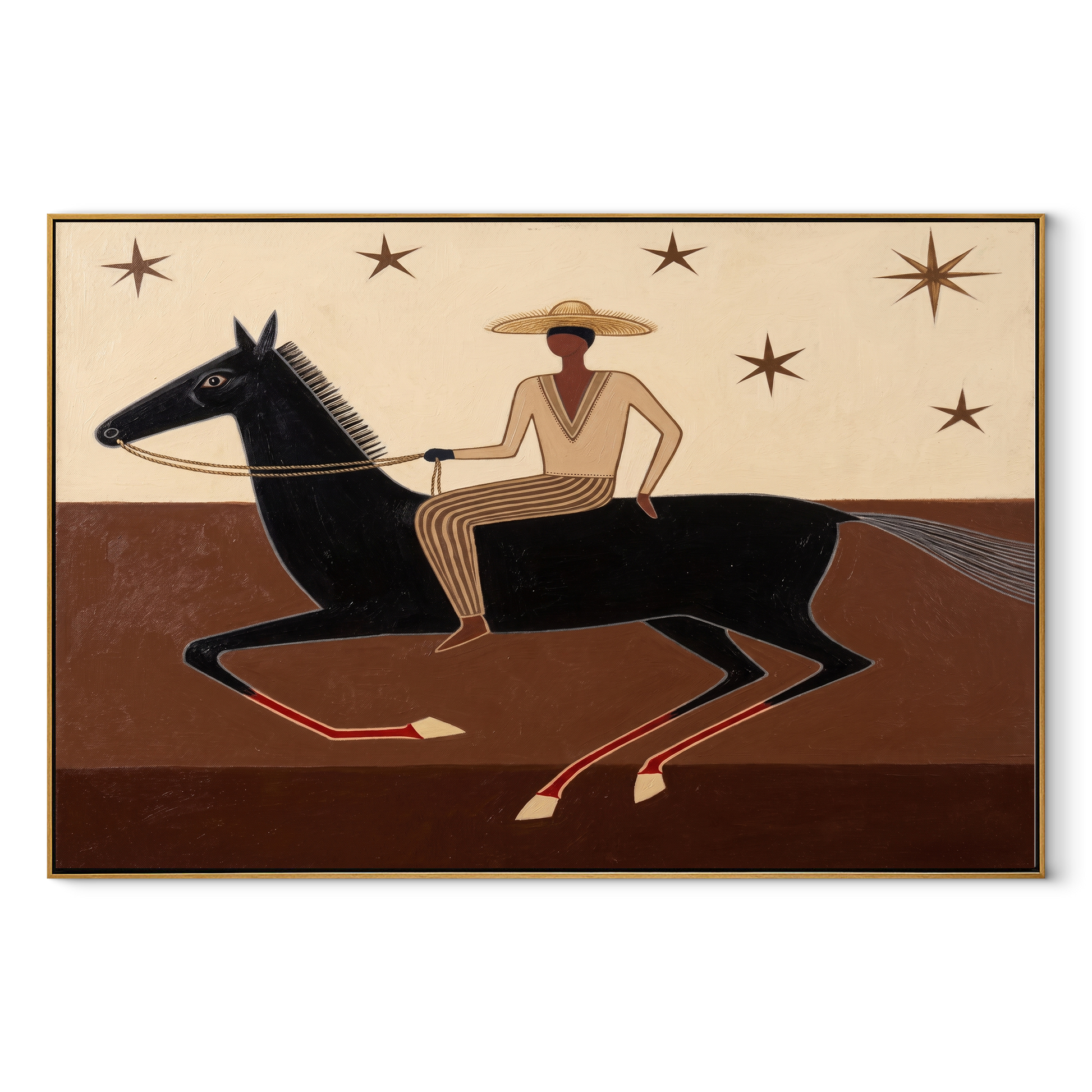 Striped Rider Runs Stars - black horse rider painting by Isabelle Laurent, modern Western horizontal wall art – wood frame on white background