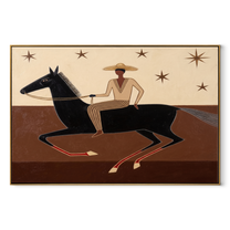 Striped Rider Runs Stars - black horse rider painting by Isabelle Laurent, modern Western horizontal wall art – wood frame on white background