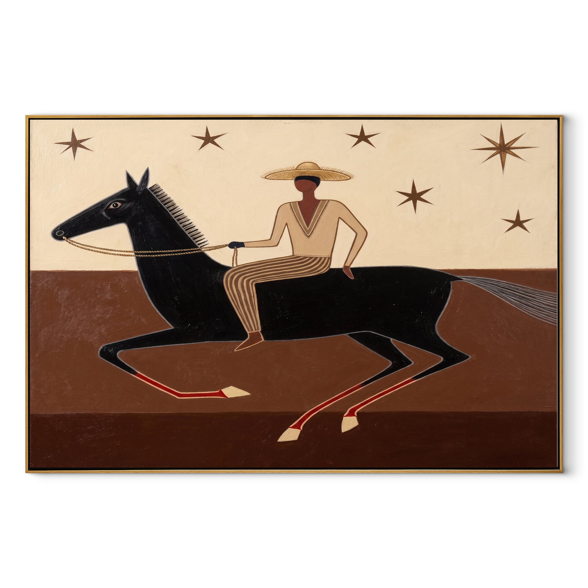 Striped Rider Runs Stars - black horse rider painting by Isabelle Laurent, modern Western horizontal wall art – wood frame on white background