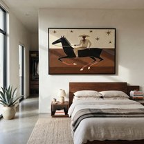 Striped Rider Runs Stars - black horse rider painting by Isabelle Laurent, modern Western horizontal wall art – styled room scene view 2