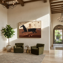 Striped Rider Runs Stars - black horse rider painting by Isabelle Laurent, modern Western horizontal wall art – styled room scene view 3