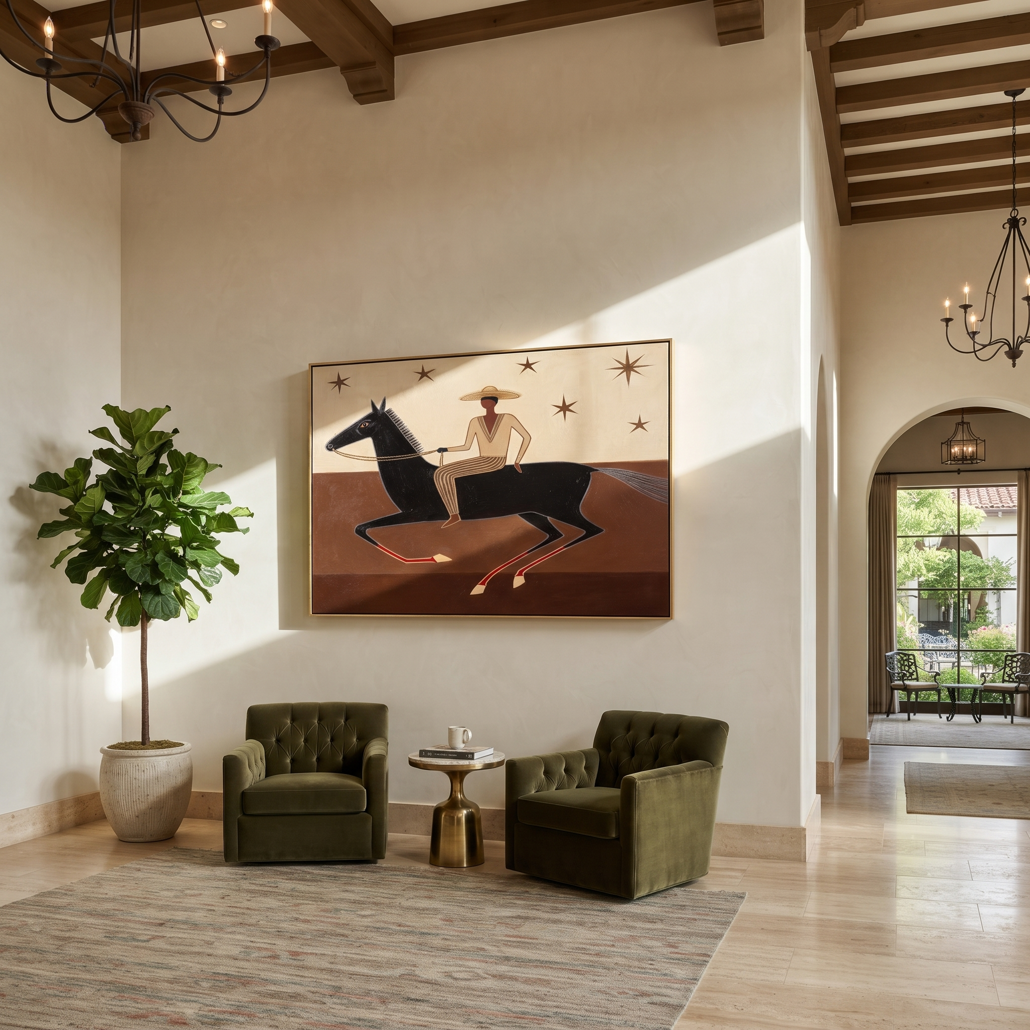 Striped Rider Runs Stars - black horse rider painting by Isabelle Laurent, modern Western horizontal wall art – styled room scene view 3