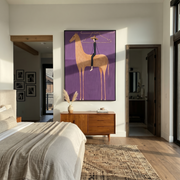 Wire Halo Frames Rider - tan horse rider painting by Isabelle Laurent, modern Western vertical wall art – styled room scene view 1