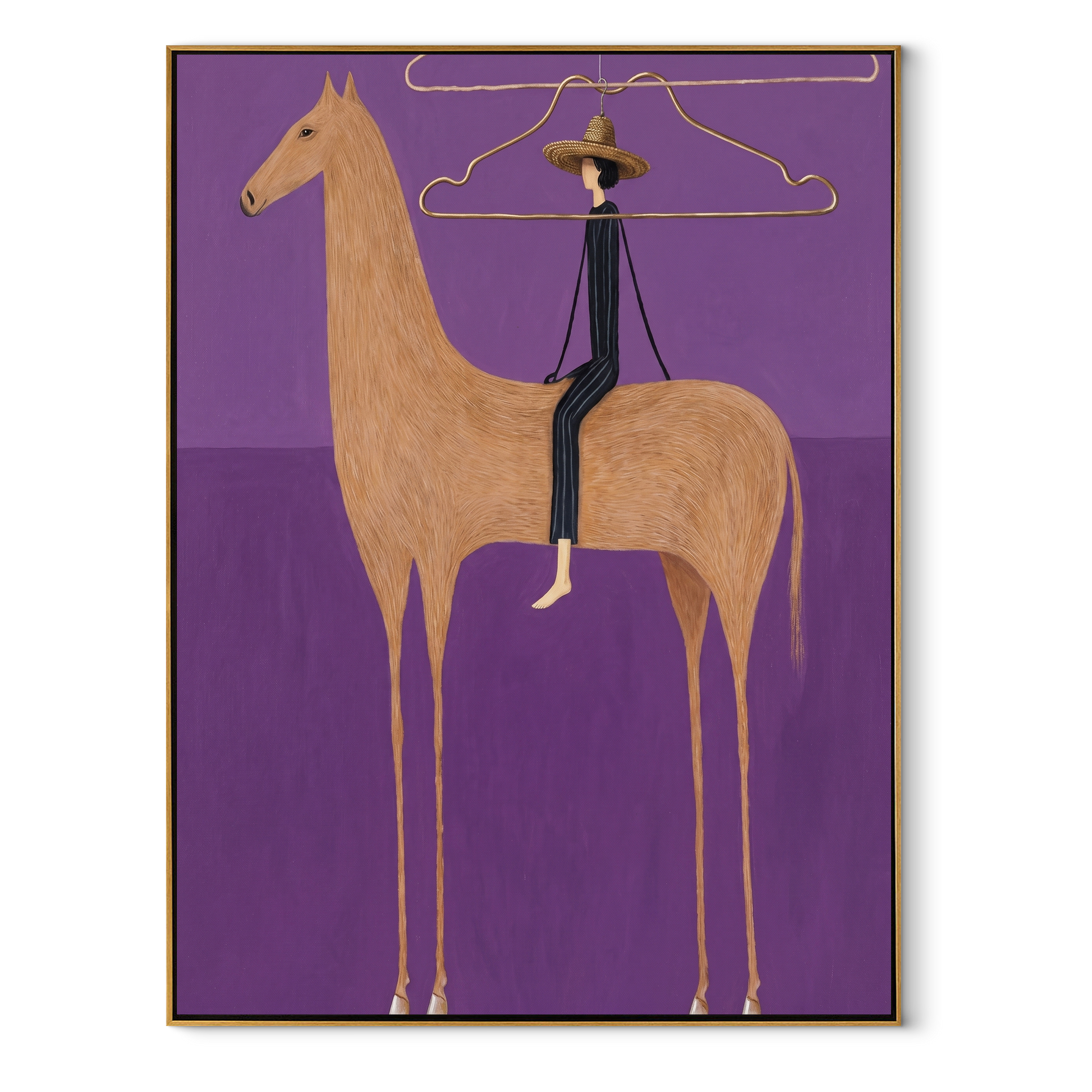 Wire Halo Frames Rider - tan horse rider painting by Isabelle Laurent, modern Western vertical wall art – wood frame on white background