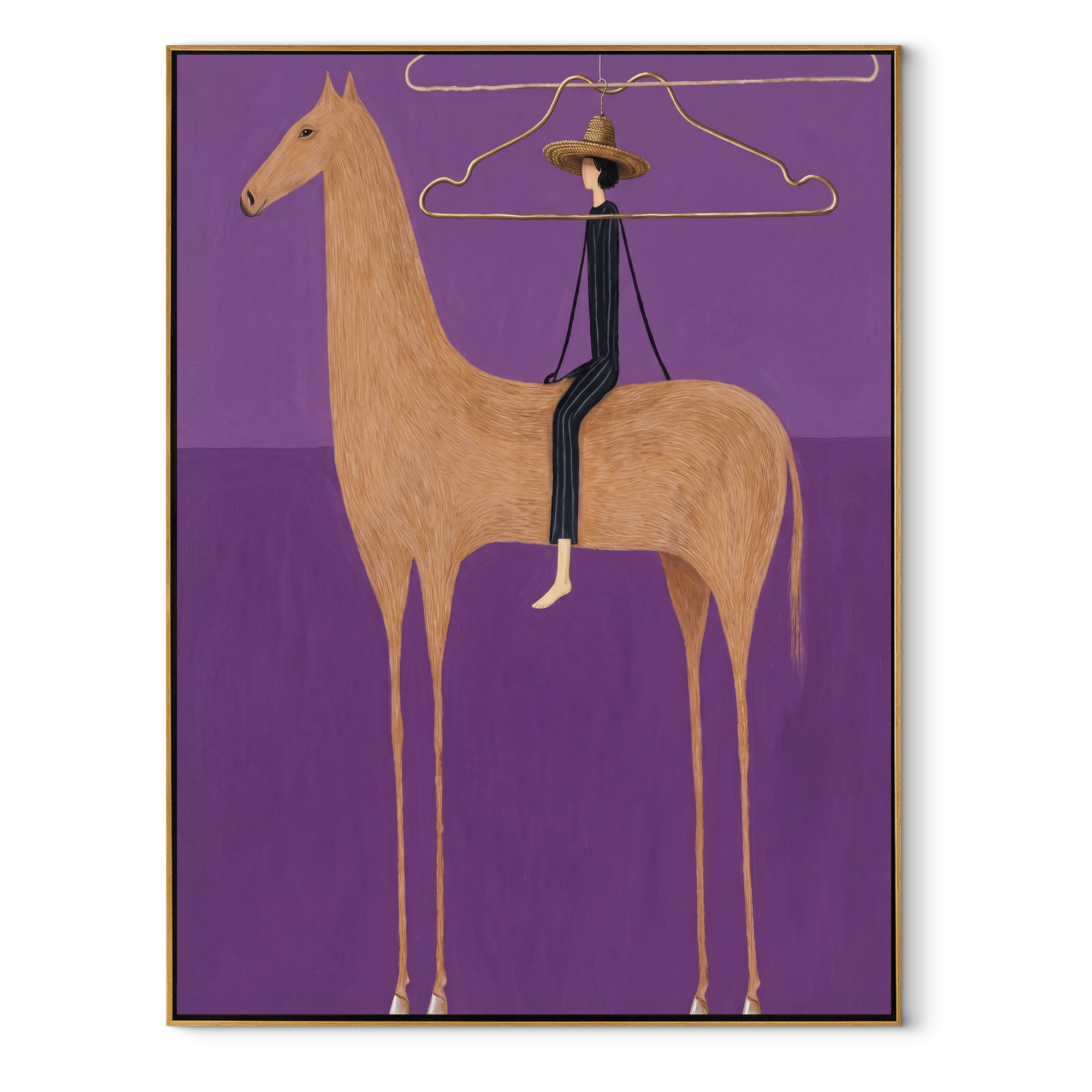 Wire Halo Frames Rider - tan horse rider painting by Isabelle Laurent, modern Western vertical wall art – wood frame on white background