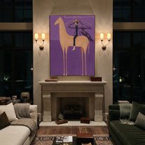 Wire Halo Frames Rider - tan horse rider painting by Isabelle Laurent, modern Western vertical wall art – styled room scene view 2