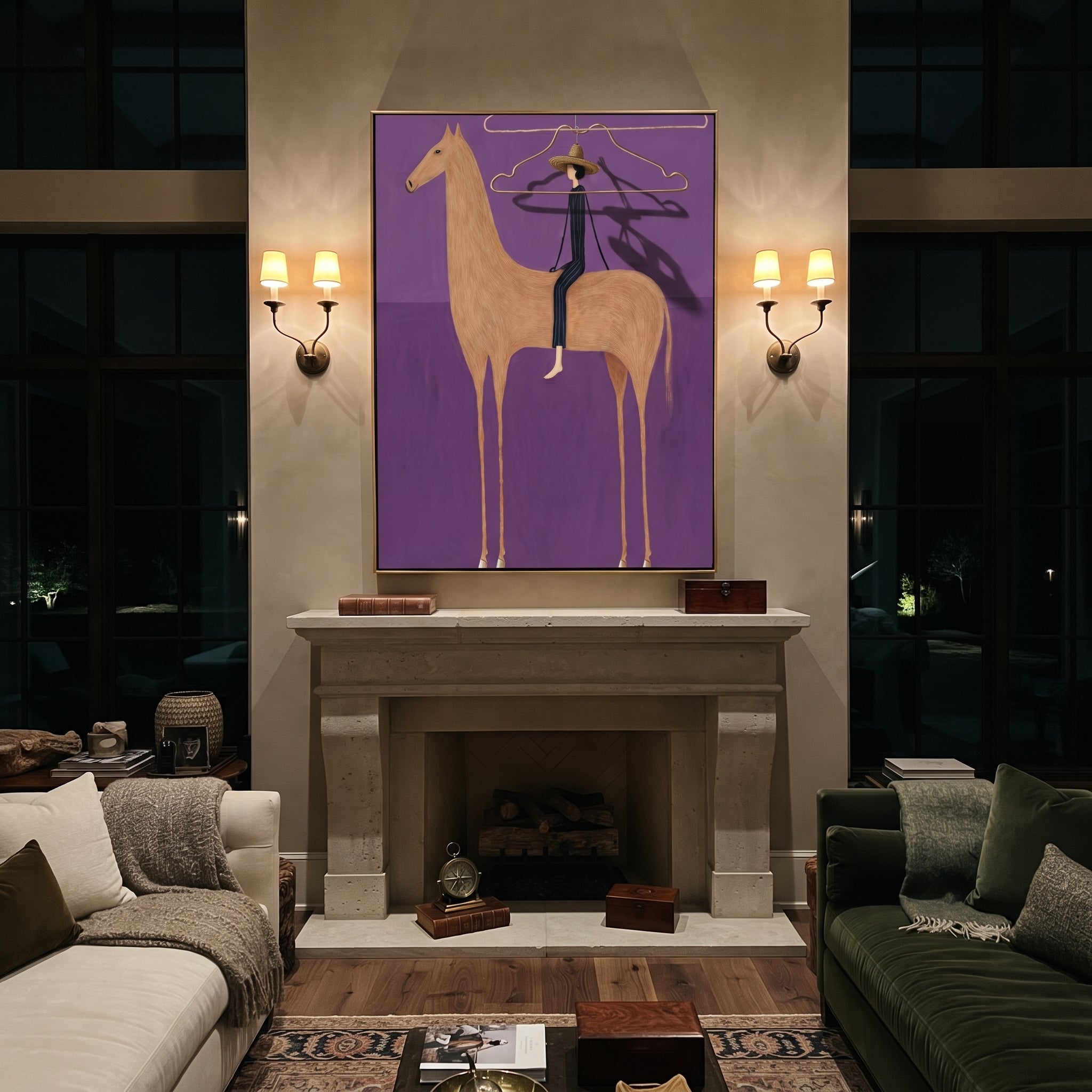 Wire Halo Frames Rider - tan horse rider painting by Isabelle Laurent, modern Western vertical wall art – styled room scene view 2