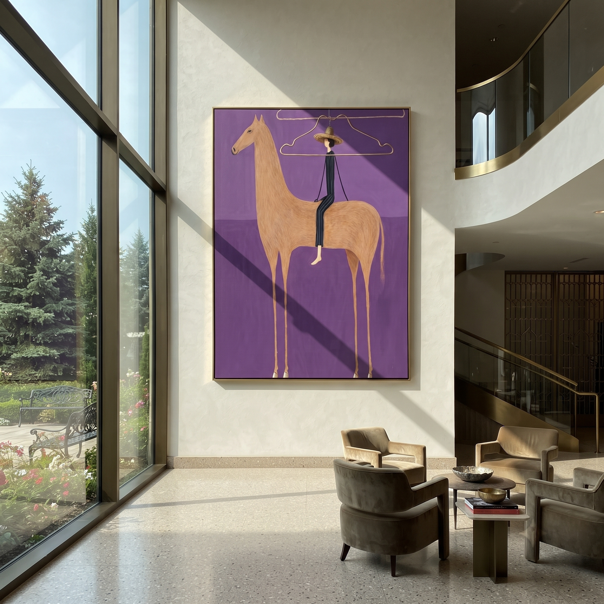 Wire Halo Frames Rider - tan horse rider painting by Isabelle Laurent, modern Western vertical wall art – styled room scene view 3