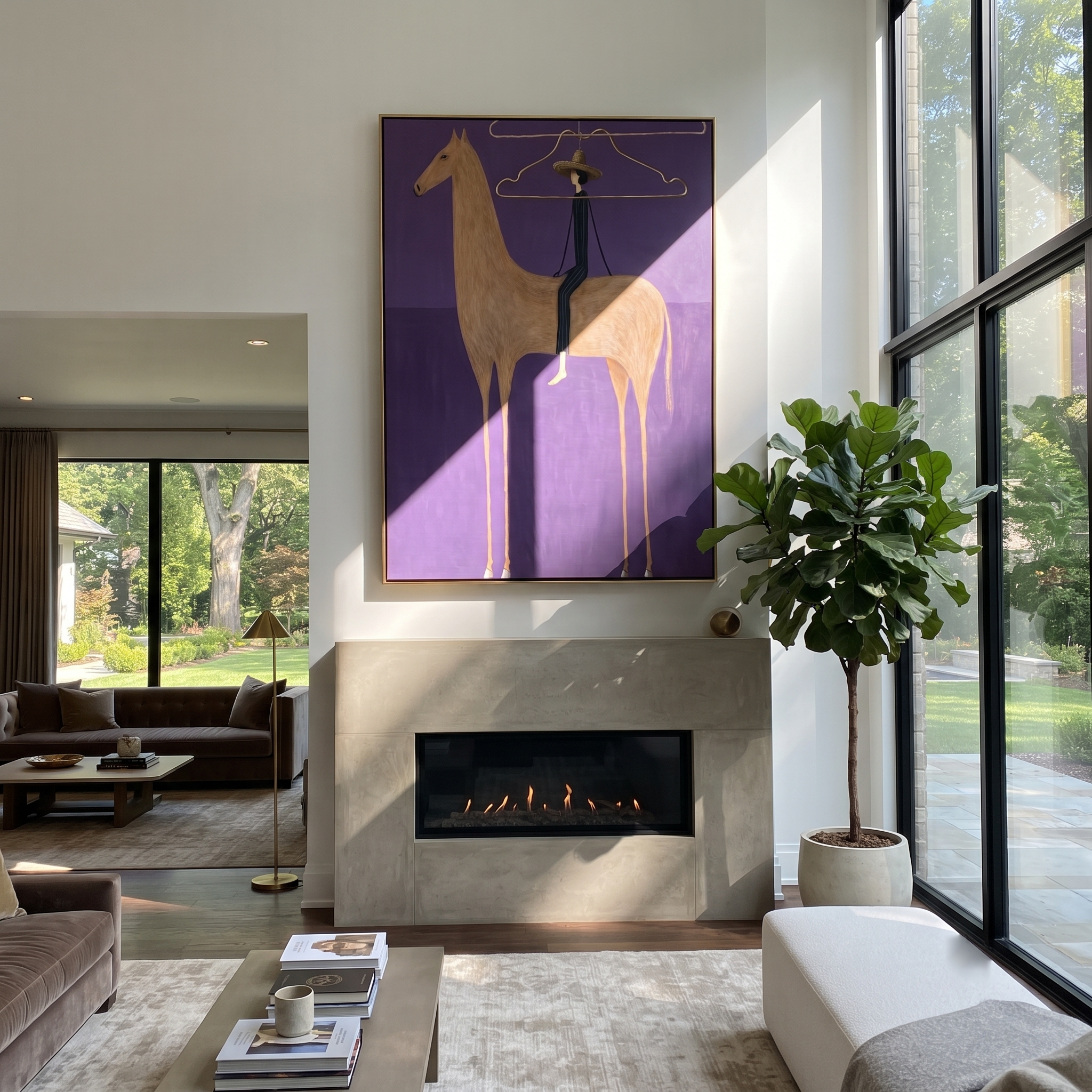Wire Halo Frames Rider - tan horse rider painting by Isabelle Laurent, modern Western vertical wall art – styled room scene view 4