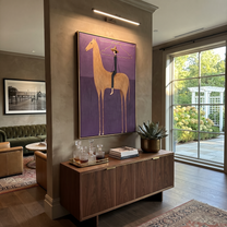 Wire Halo Frames Rider - tan horse rider painting by Isabelle Laurent, modern Western vertical wall art – styled room scene view 5