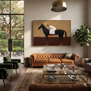 White Dress Leans Forward - black horse woman painting by Isabelle Laurent, modern Western horizontal wall art – styled room scene view 1