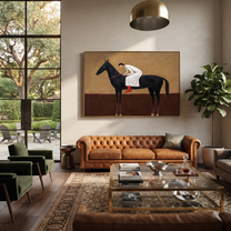White Dress Leans Forward - black horse woman painting by Isabelle Laurent, modern Western horizontal wall art – styled room scene view 1