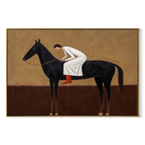 White Dress Leans Forward - black horse woman painting by Isabelle Laurent, modern Western horizontal wall art – wood frame on white background