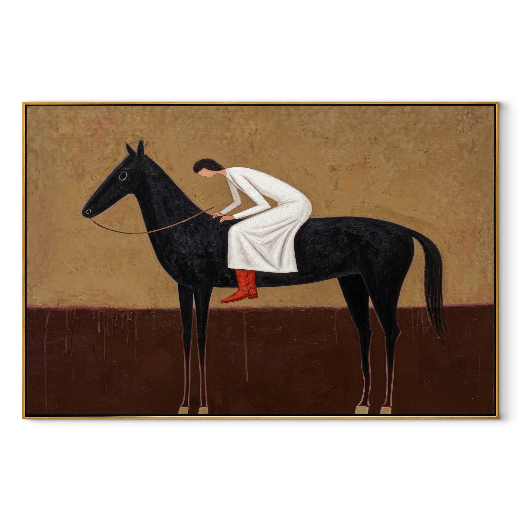 White Dress Leans Forward - black horse woman painting by Isabelle Laurent, modern Western horizontal wall art – wood frame on white background