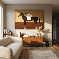 White Dress Leans Forward - black horse woman painting by Isabelle Laurent, modern Western horizontal wall art – styled room scene view 2