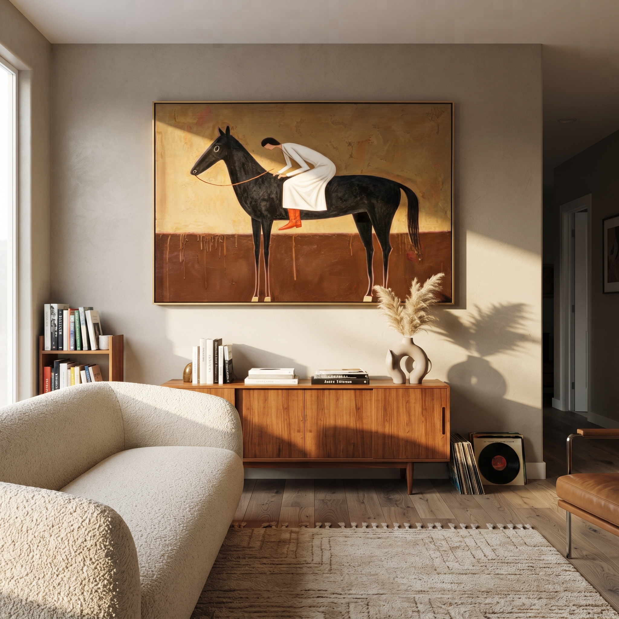 White Dress Leans Forward - black horse woman painting by Isabelle Laurent, modern Western horizontal wall art – styled room scene view 2