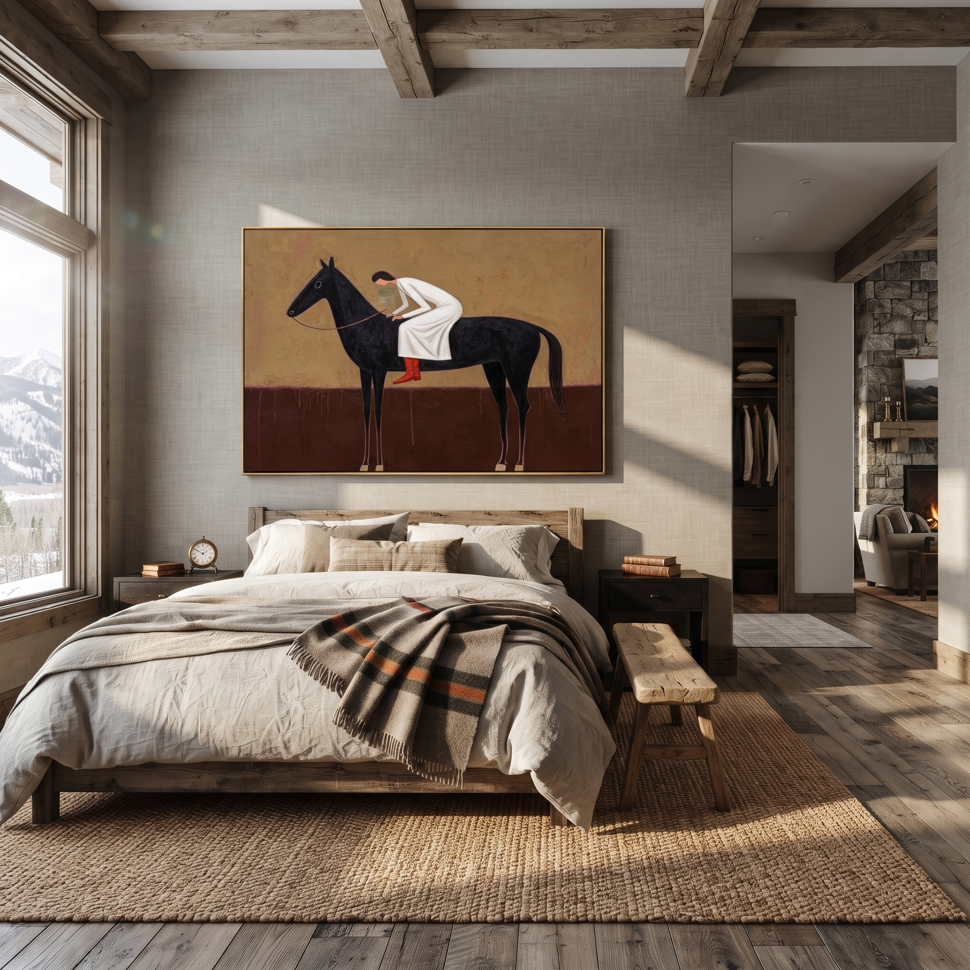 White Dress Leans Forward - black horse woman painting by Isabelle Laurent, modern Western horizontal wall art – styled room scene view 3