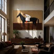White Dress Leans Forward - black horse woman painting by Isabelle Laurent, modern Western horizontal wall art – styled room scene view 4